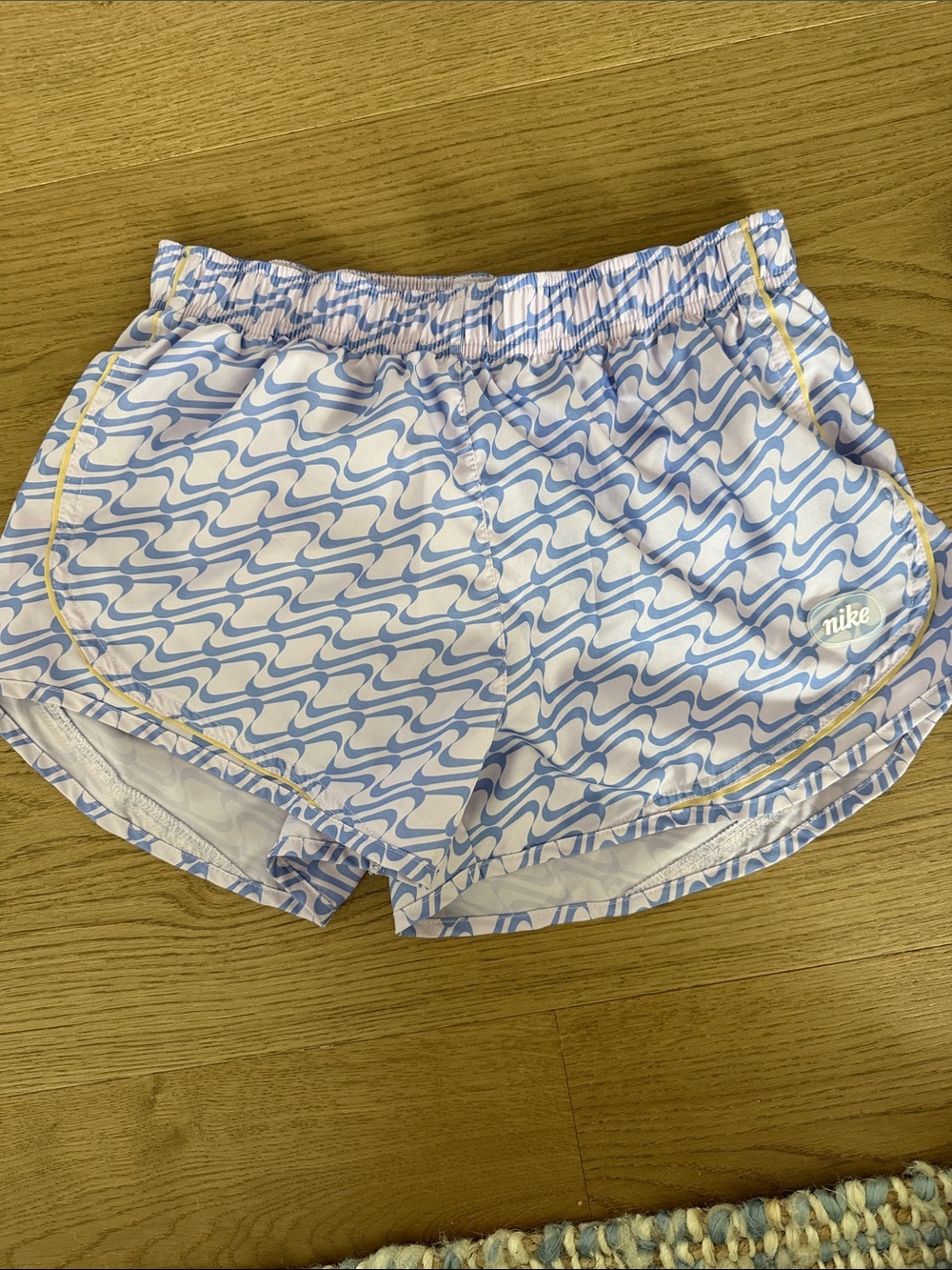 Nike Kids Light Blue Patterned Athletic Shorts with Yellow Trim